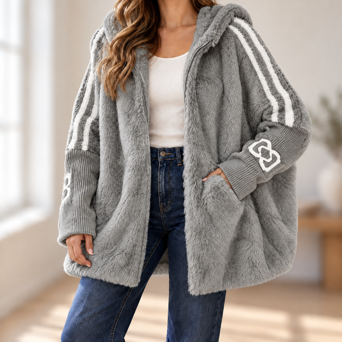 Manteau peluche Océane – À capuche & Zippé