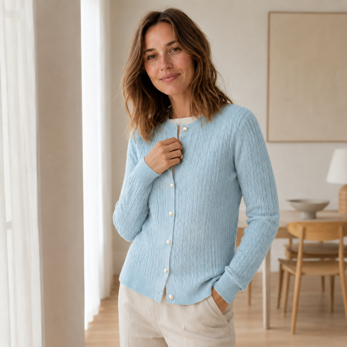 Cardigan maille fine Pia – Motif torsadé à boutonnage