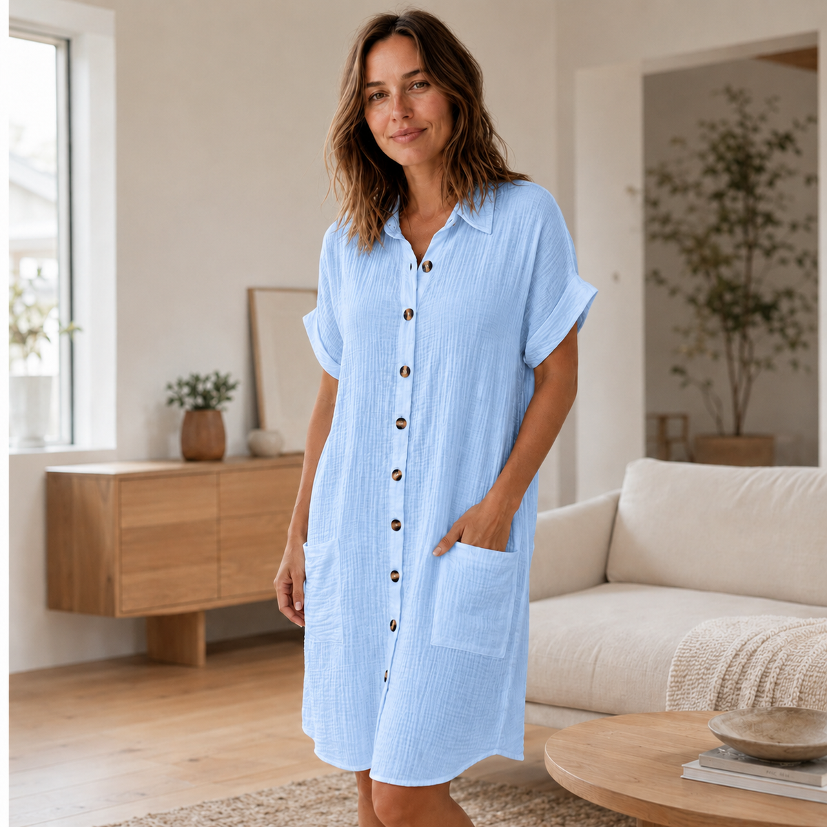 Robe chemise en mousseline Edda – Boutonnée avec poches