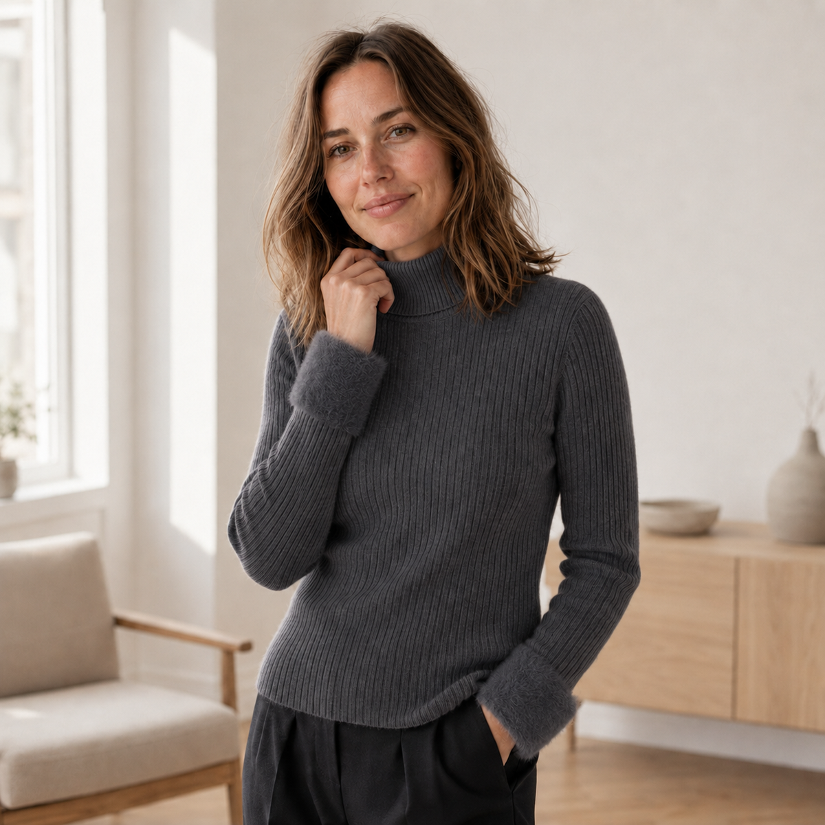 Pull col roulé Ida – Maille fine thermique doublée polaire