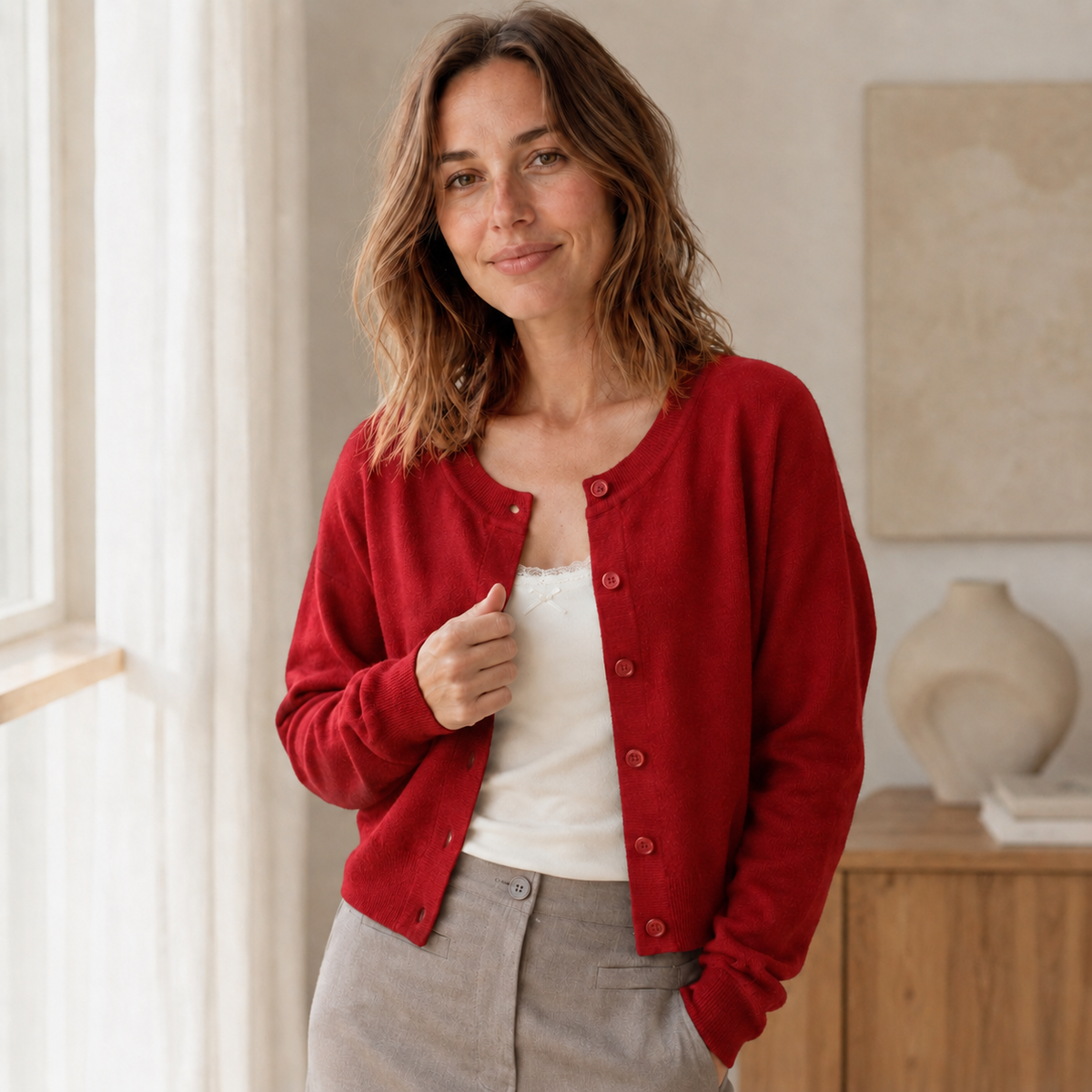 Cardigan maille fine Lou – Court, col rond & boutonnage