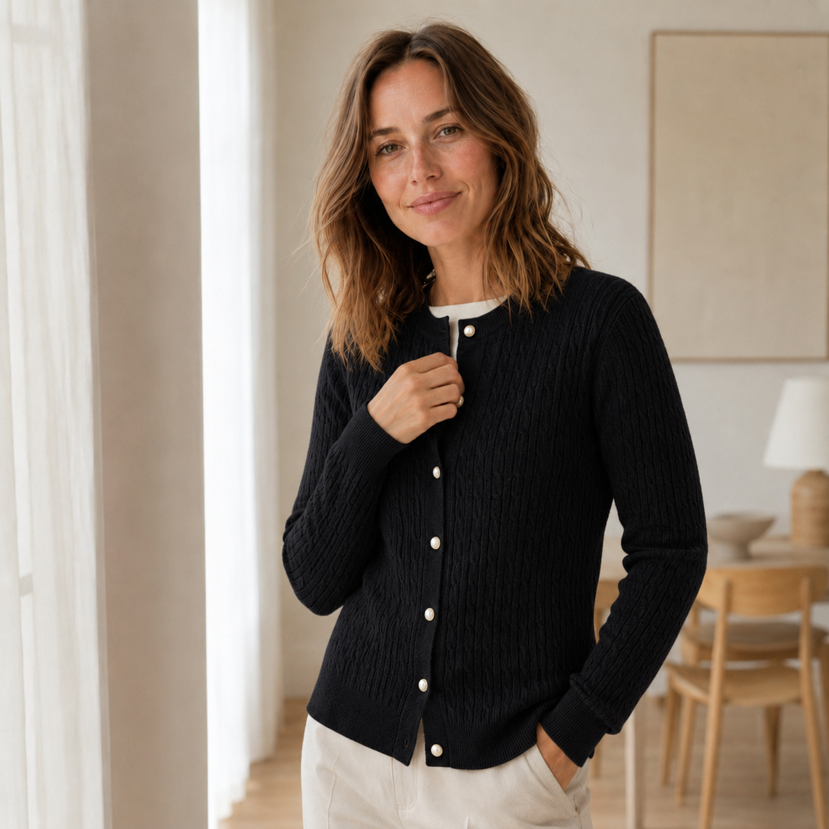 Cardigan maille fine Pia – Motif torsadé à boutonnage