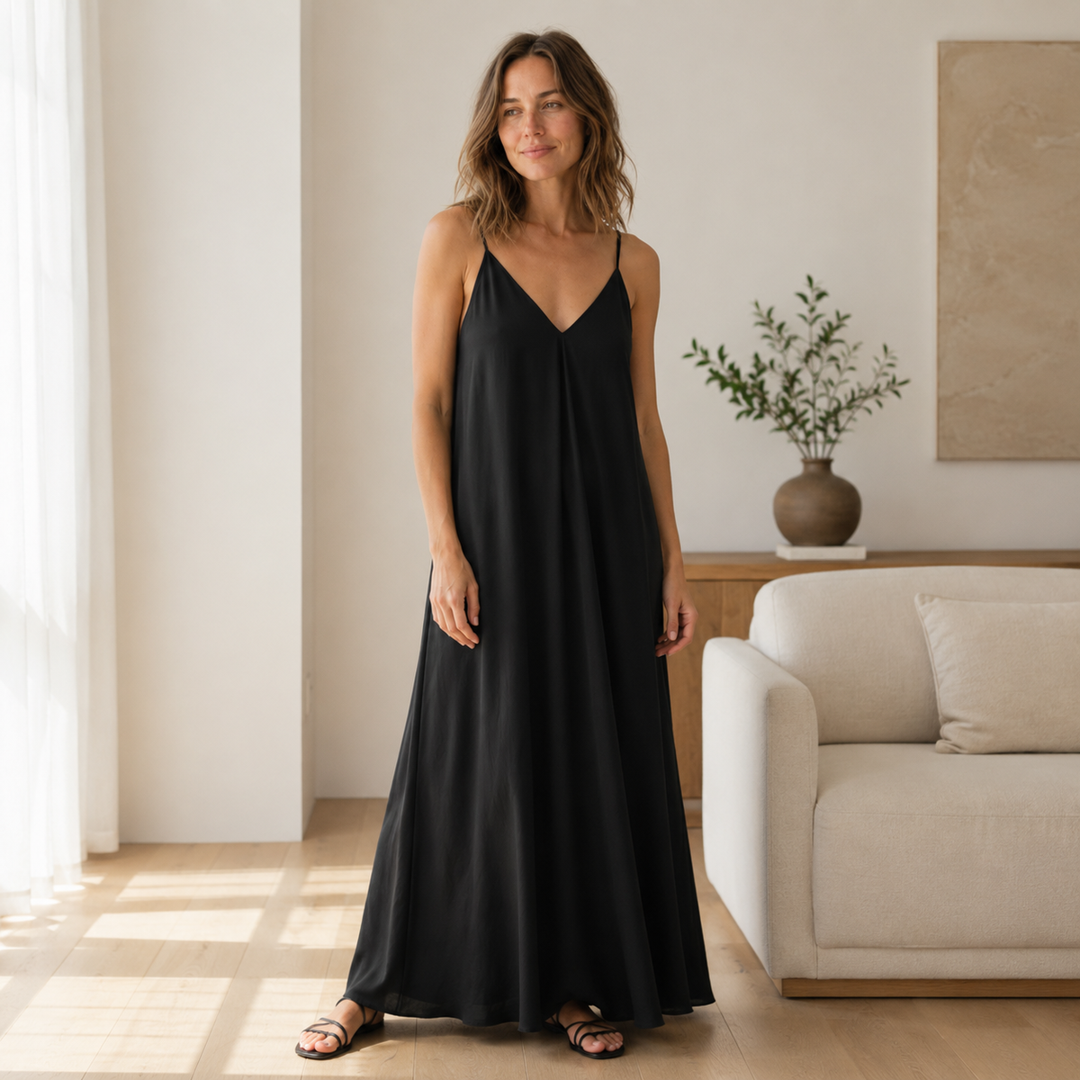 Robe longue nuisette Svea – Décolleté en V, coupe fluide
