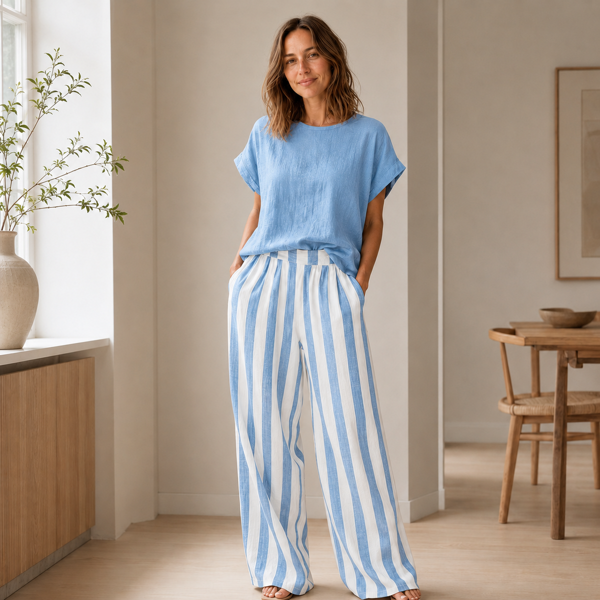 Ensemble Loungewear Runa – Top basique & Pantalon rayé