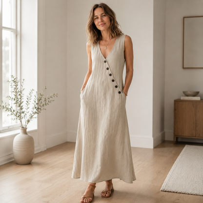 Robe longue Ines – Sans manches, décolleté en V profond