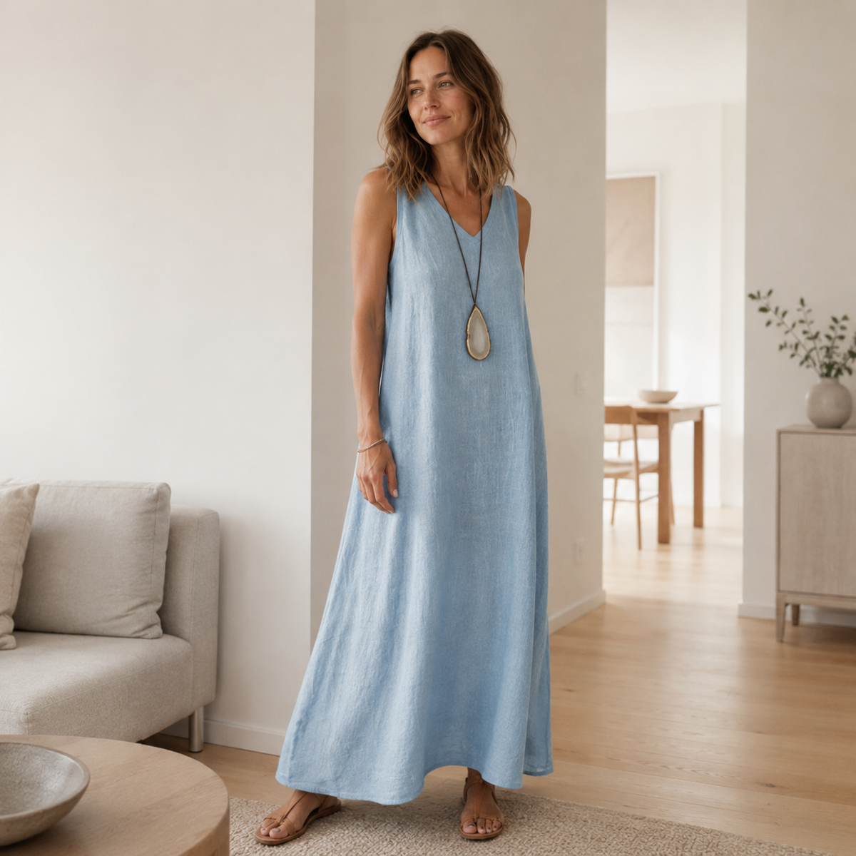 Robe longue boho Fenja – Sans manches, décolleté en V