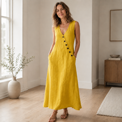 Robe longue Ines – Sans manches, décolleté en V profond