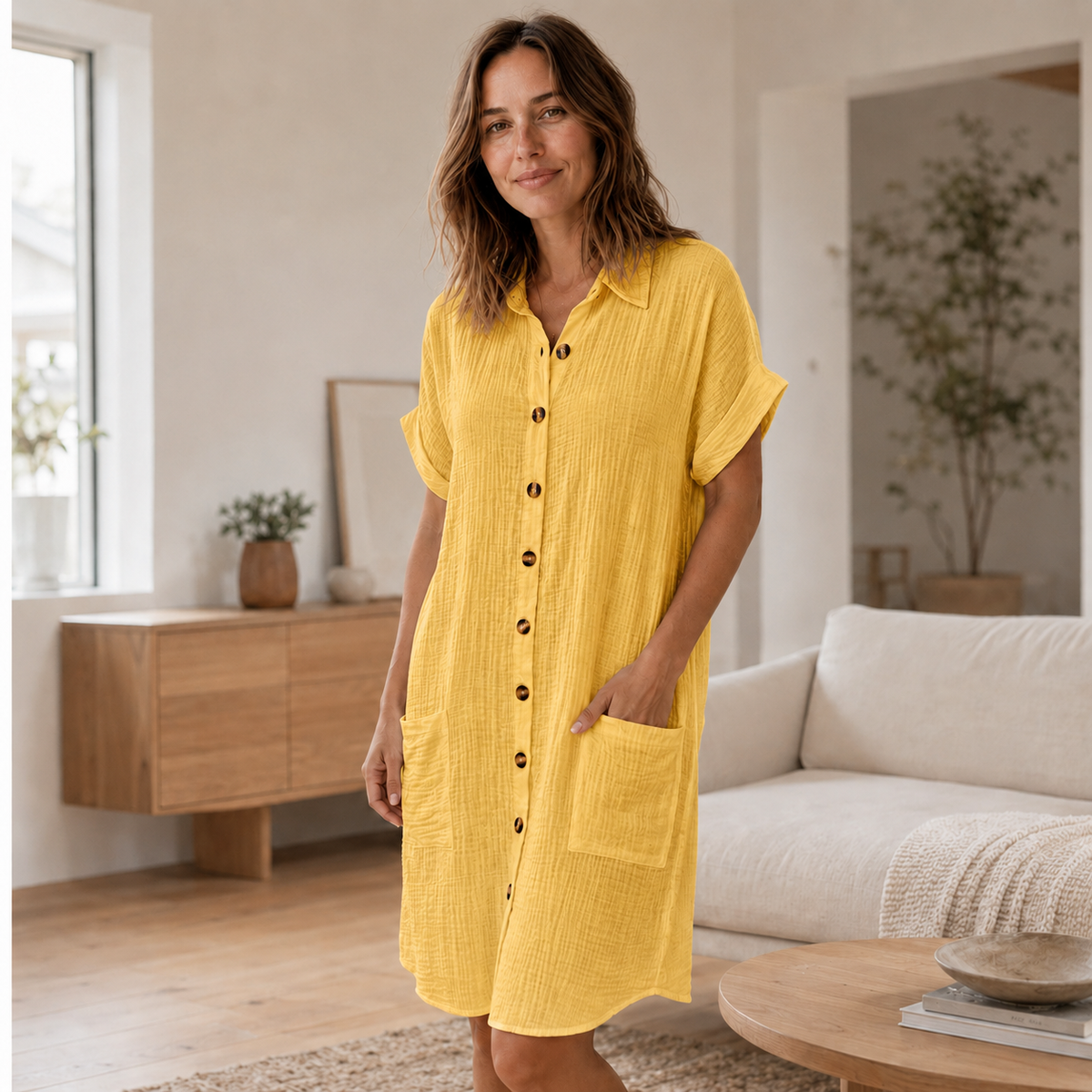 Robe chemise en mousseline Edda – Boutonnée avec poches