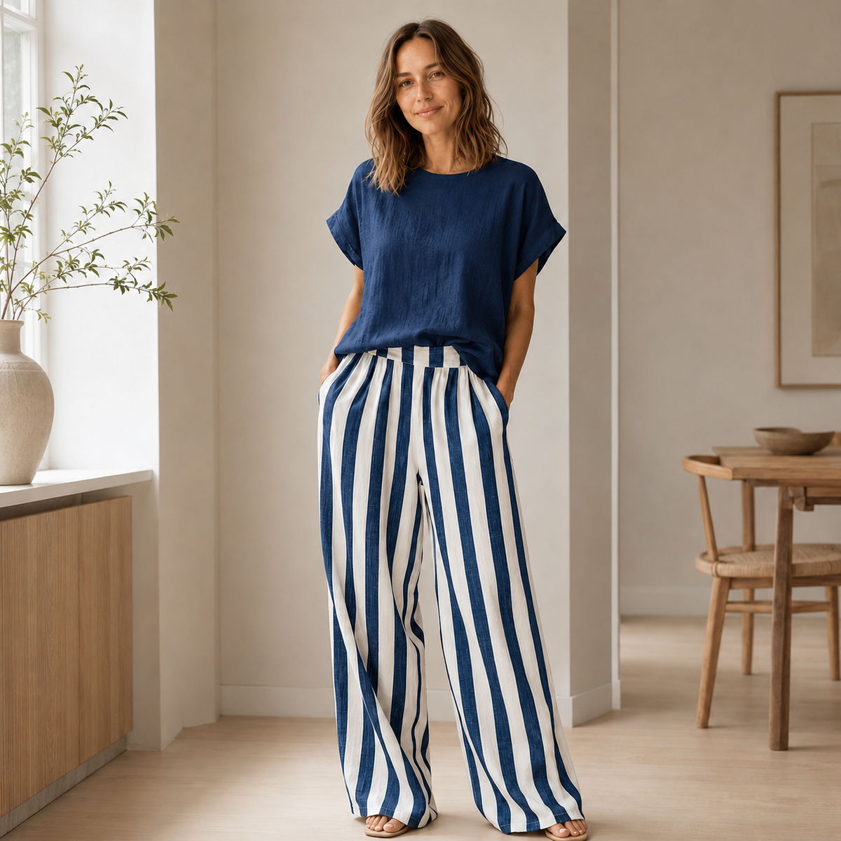 Ensemble Loungewear Runa – Top basique & Pantalon rayé