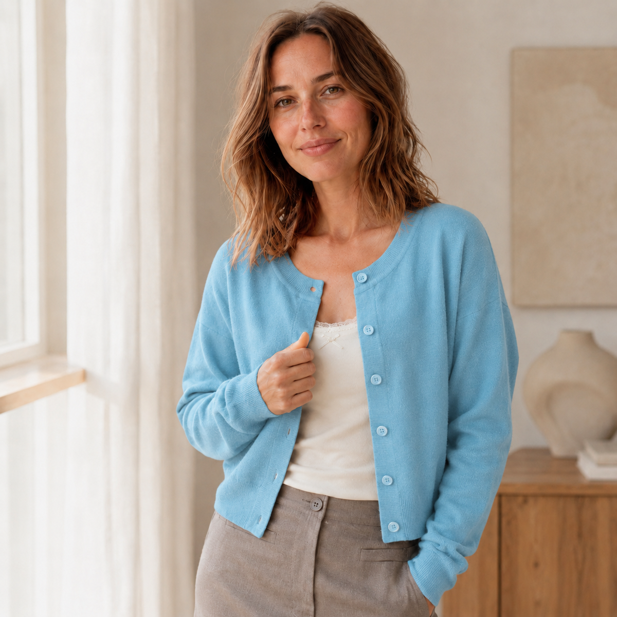 Cardigan maille fine Lou – Court, col rond & boutonnage
