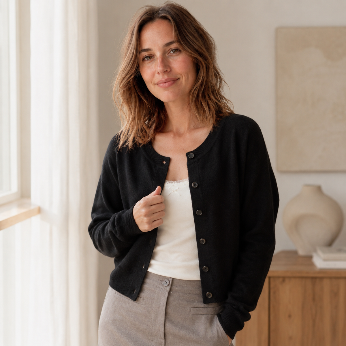 Cardigan maille fine Lou – Court, col rond & boutonnage