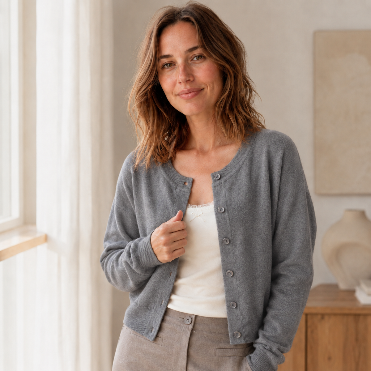 Cardigan maille fine Lou – Court, col rond & boutonnage