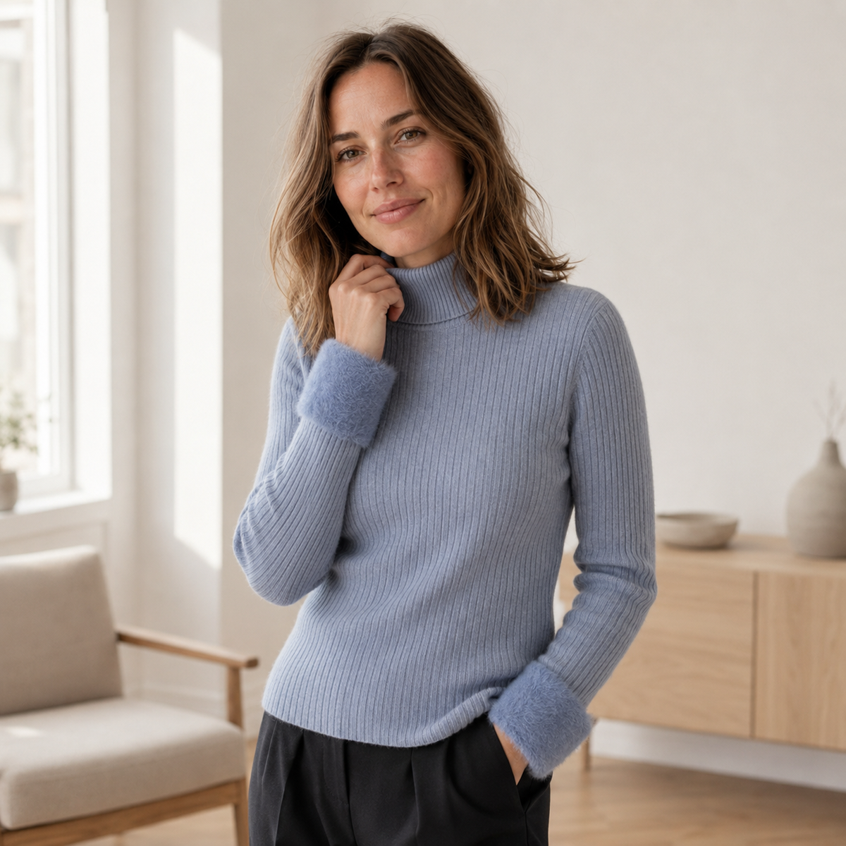 Pull col roulé Ida – Maille fine thermique doublée polaire