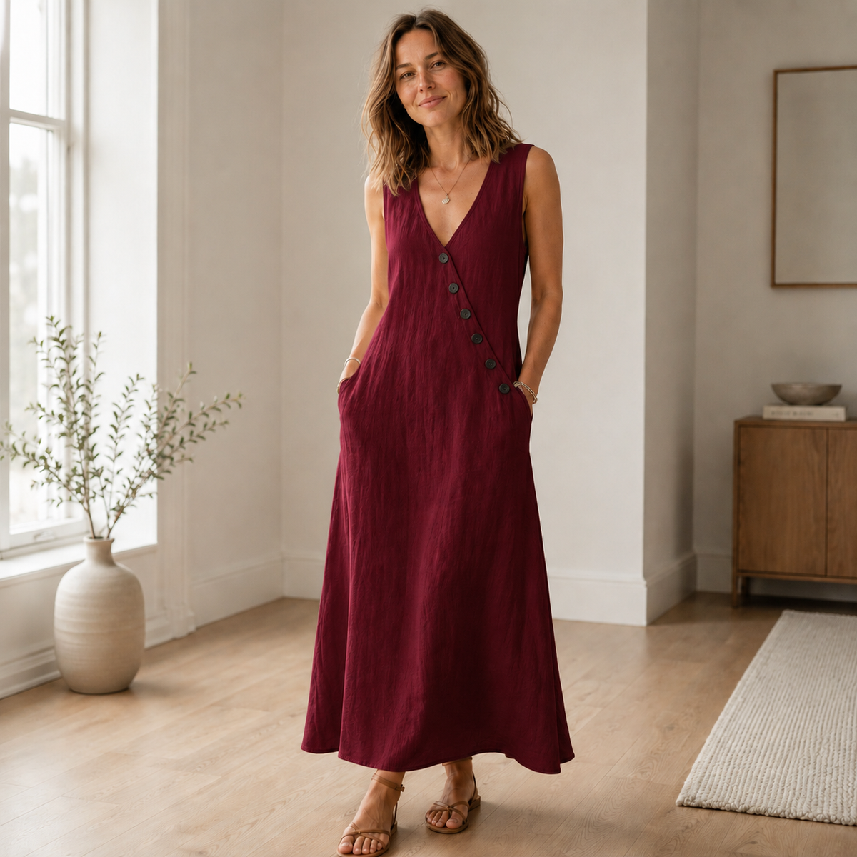 Robe longue Ines – Sans manches, décolleté en V profond