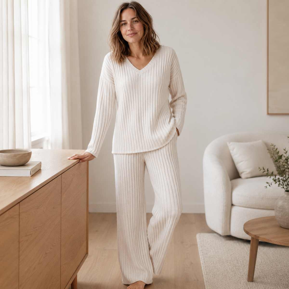 Ensemble Loungewear Elin – Maille côtelée à décolleté en V
