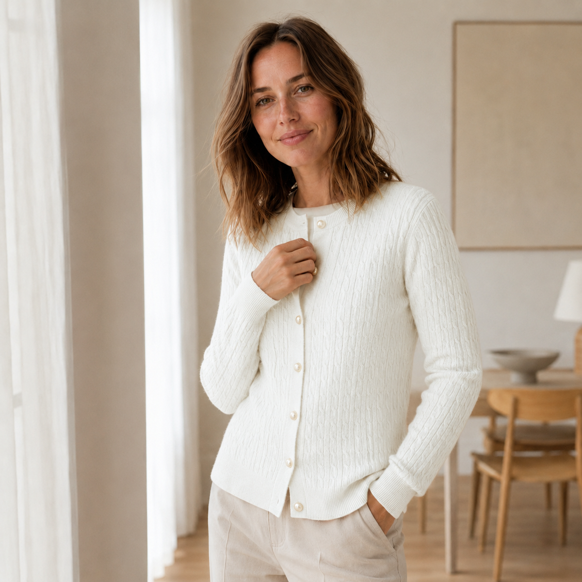 Cardigan maille fine Pia – Motif torsadé à boutonnage