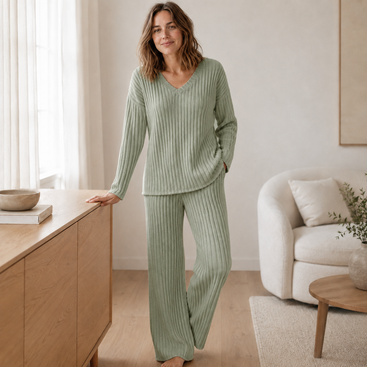 Ensemble Loungewear Elin – Maille côtelée à décolleté en V