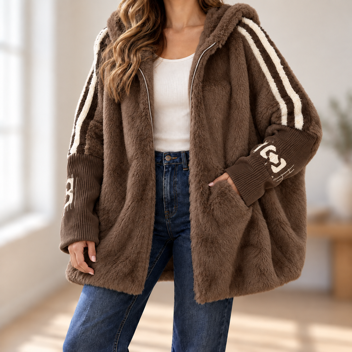 Manteau peluche Océane – À capuche & Zippé