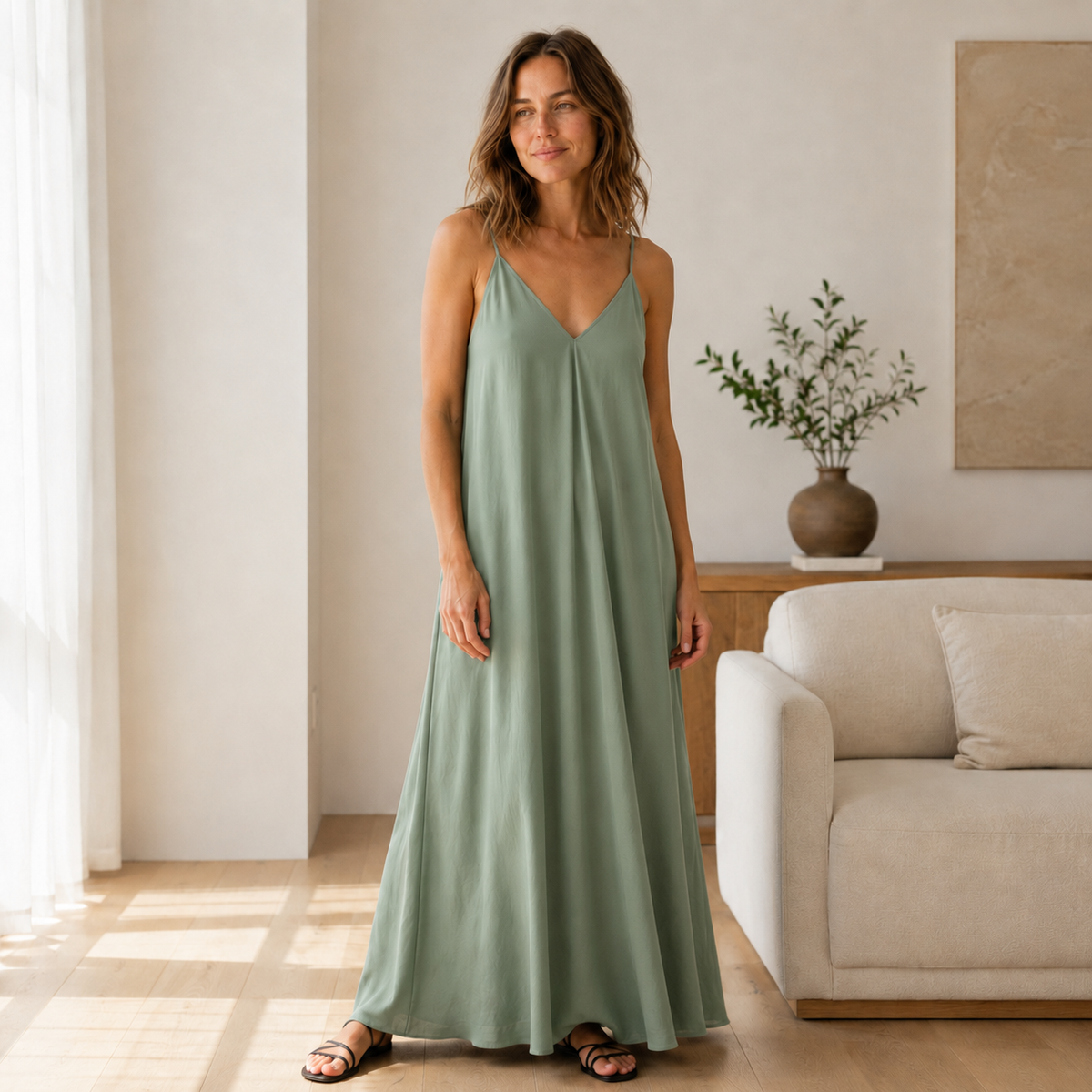 Robe longue nuisette Svea – Décolleté en V, coupe fluide