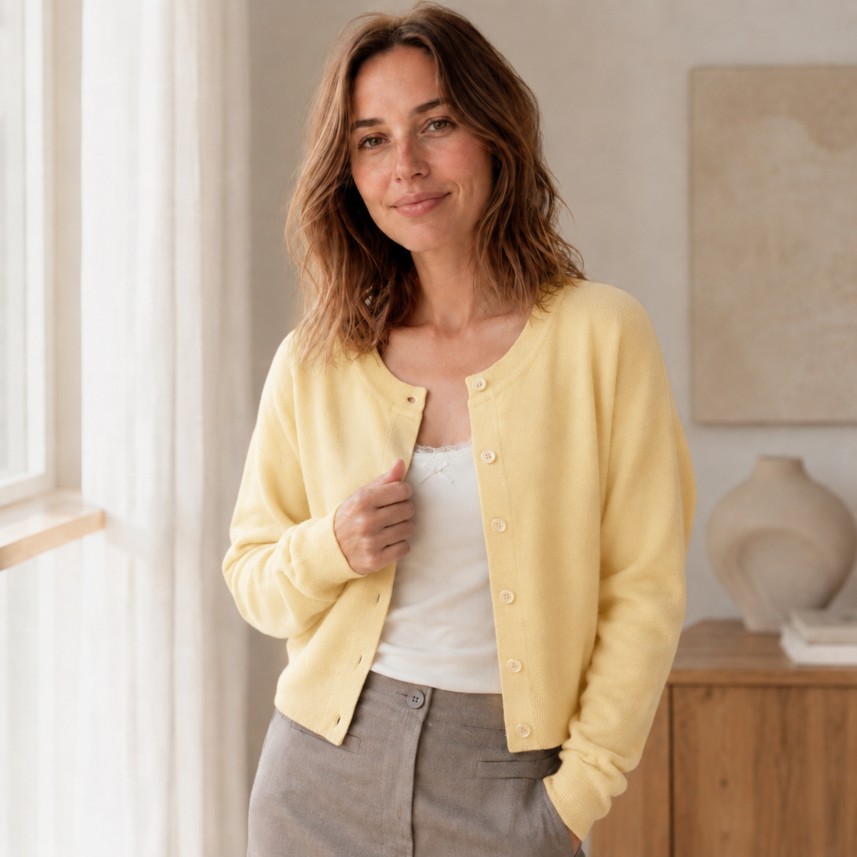 Cardigan maille fine Lou – Court, col rond & boutonnage