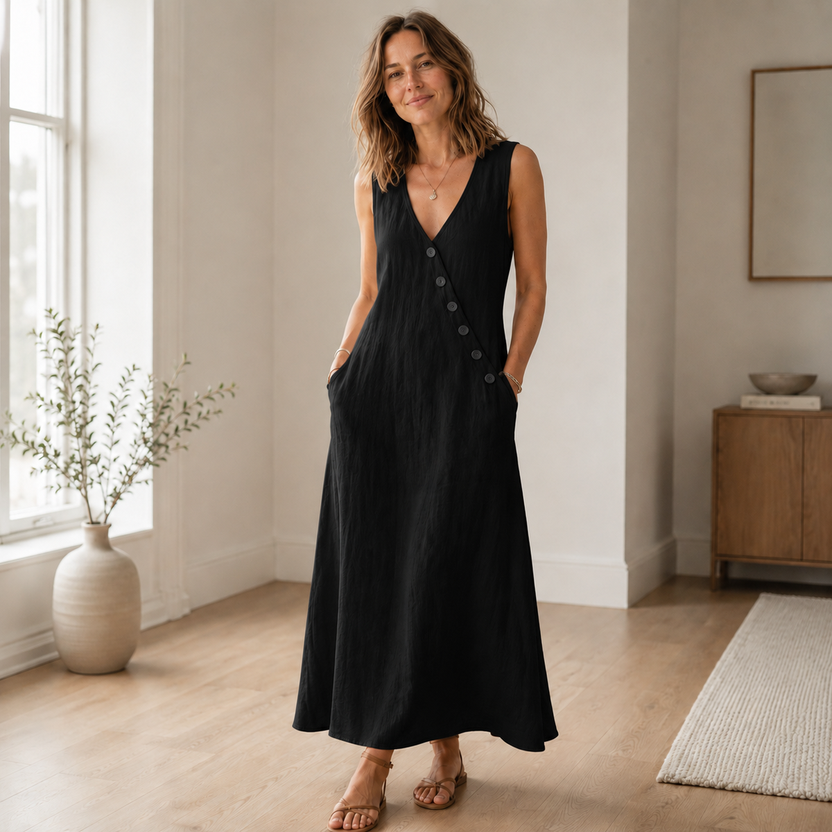 Robe longue Ines – Sans manches, décolleté en V profond
