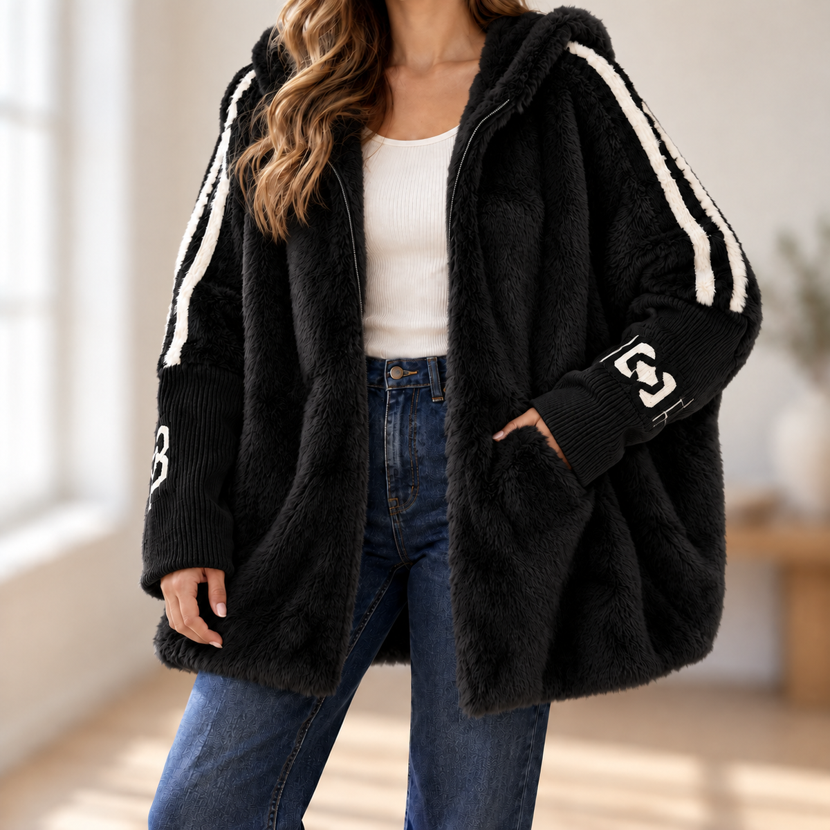 Manteau peluche Océane – À capuche & Zippé