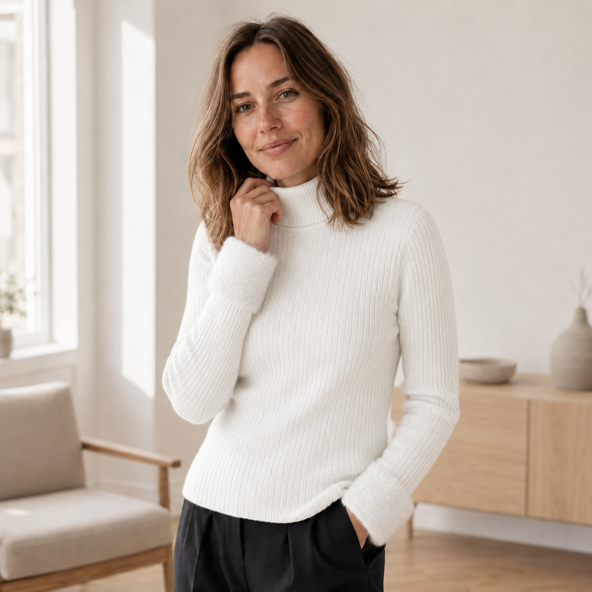 Pull col roulé Ida – Maille fine thermique doublée polaire