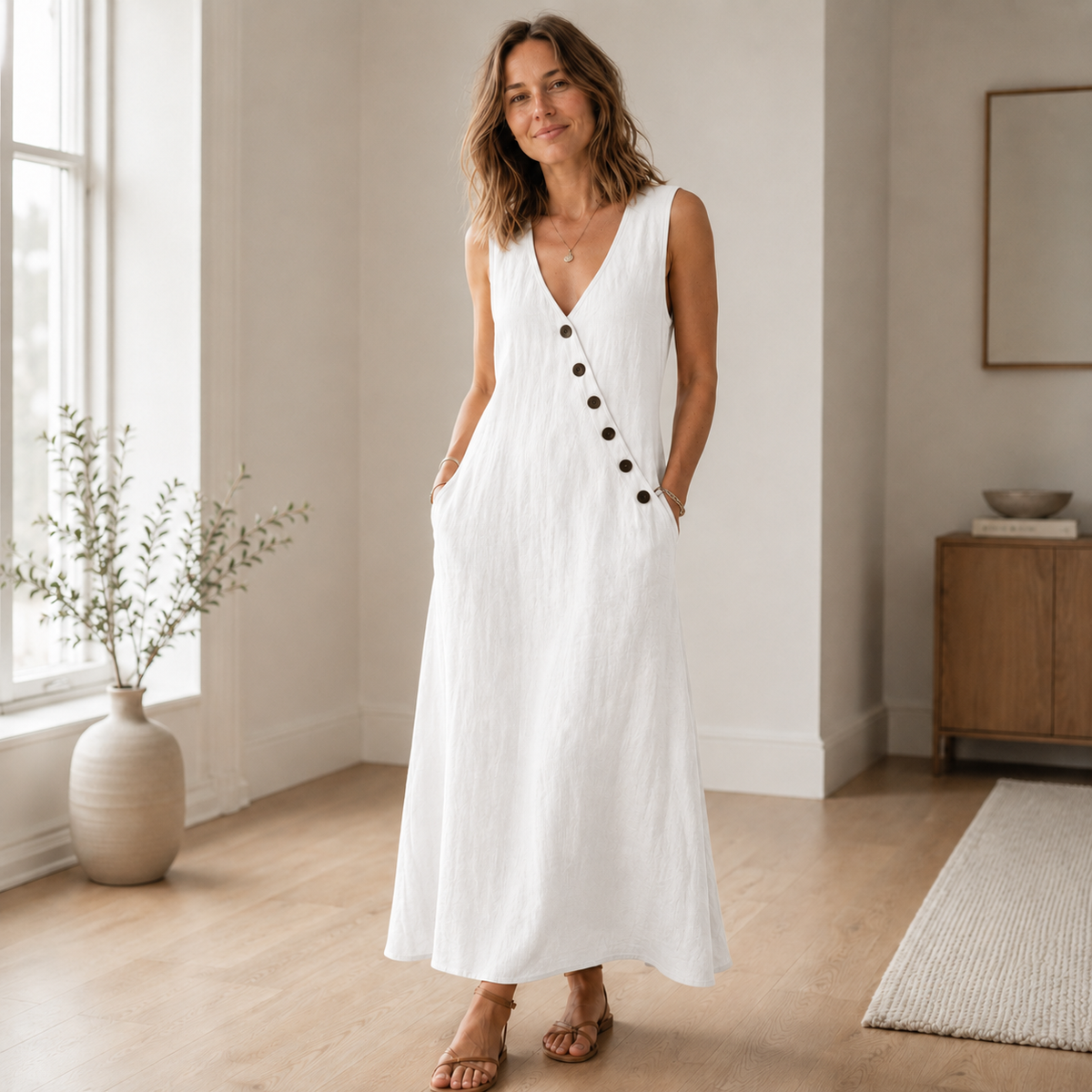 Robe longue Ines – Sans manches, décolleté en V profond