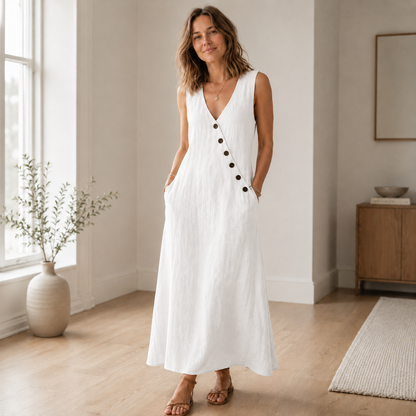 Robe longue Ines – Sans manches, décolleté en V profond