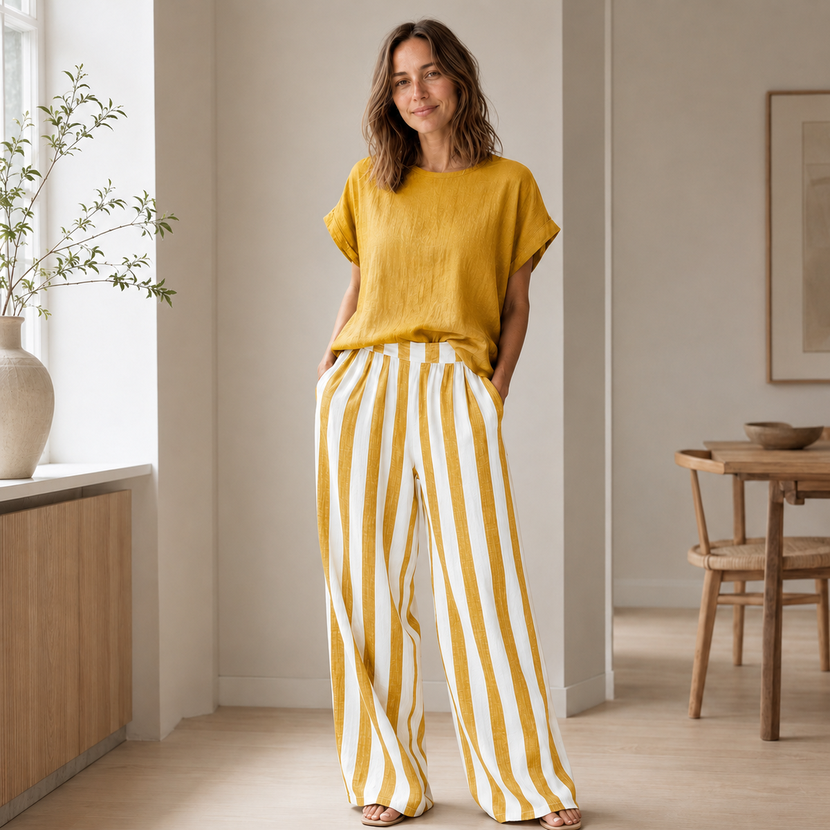 Ensemble Loungewear Runa – Top basique & Pantalon rayé