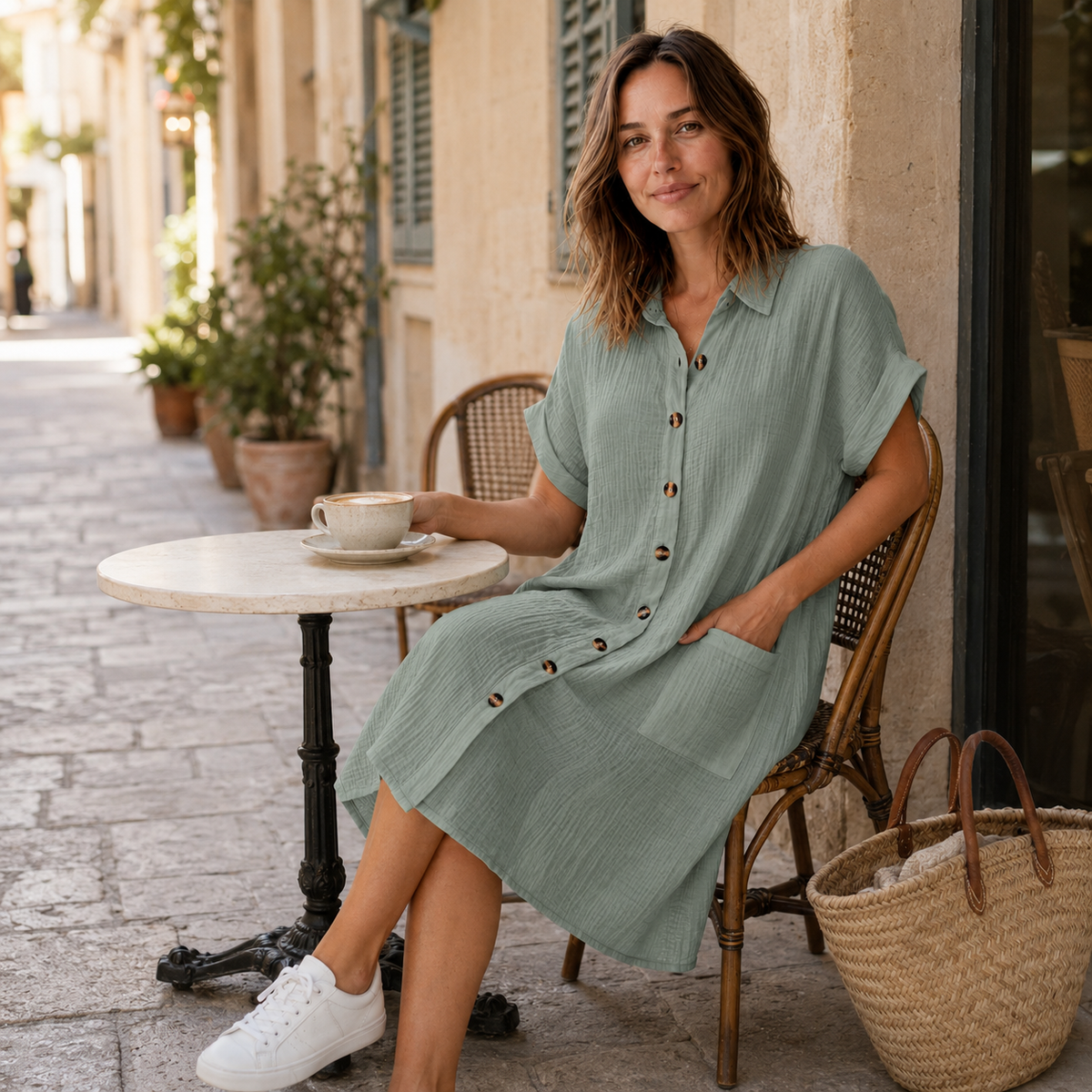 Robe chemise en mousseline Edda – Boutonnée avec poches