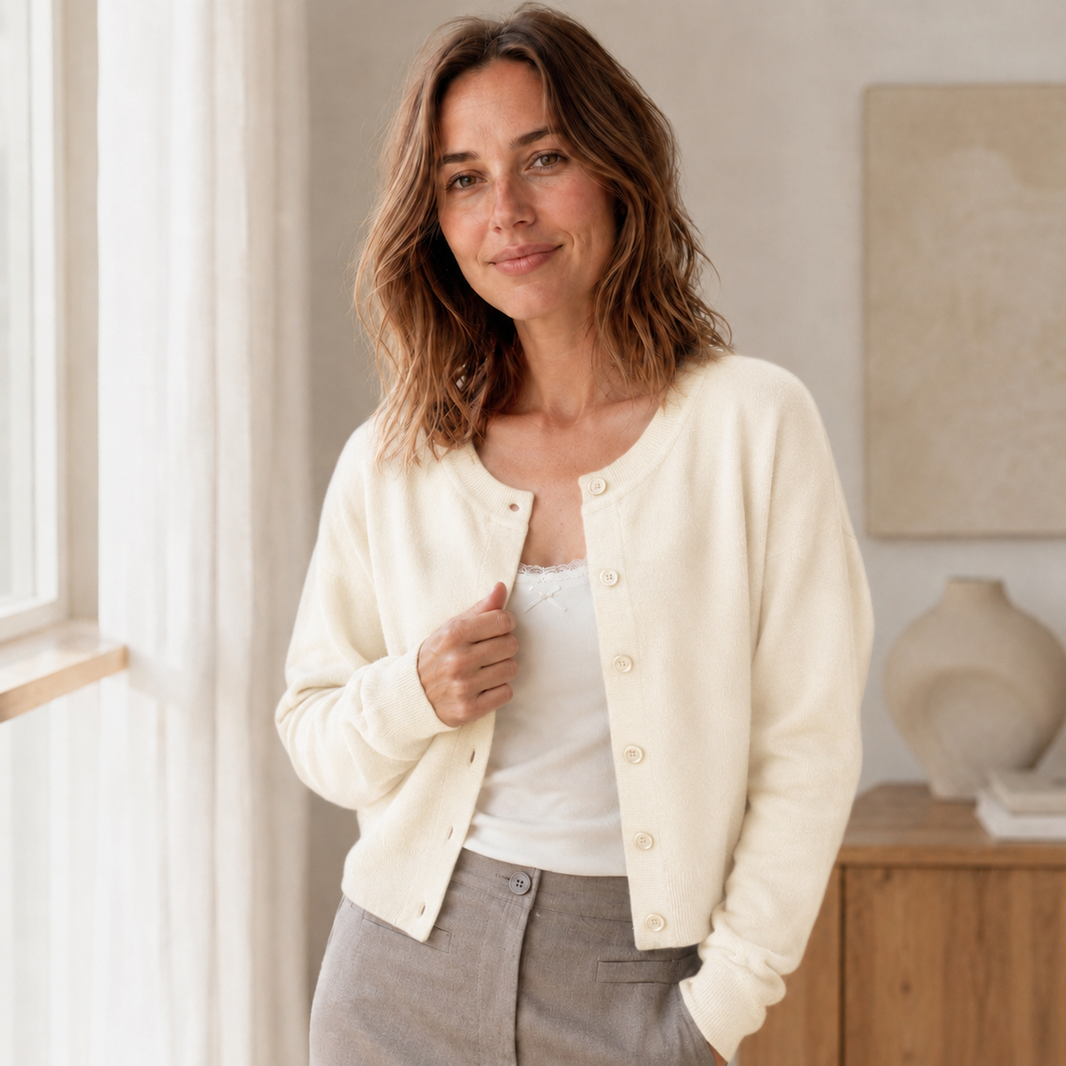 Cardigan maille fine Lou – Court, col rond & boutonnage