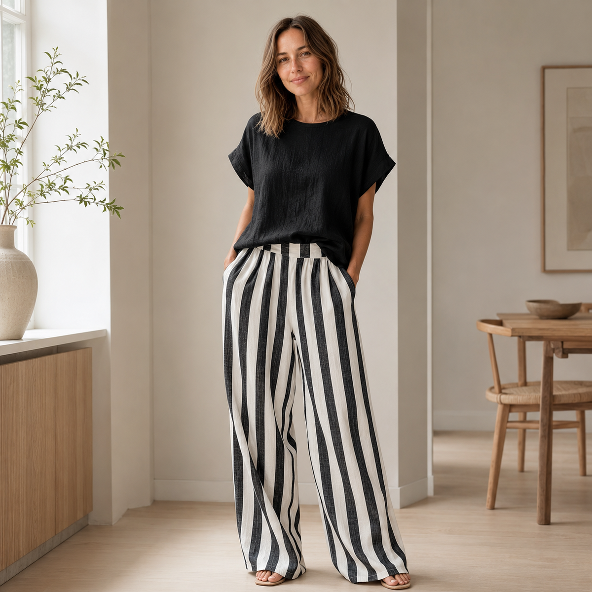 Ensemble Loungewear Runa – Top basique & Pantalon rayé