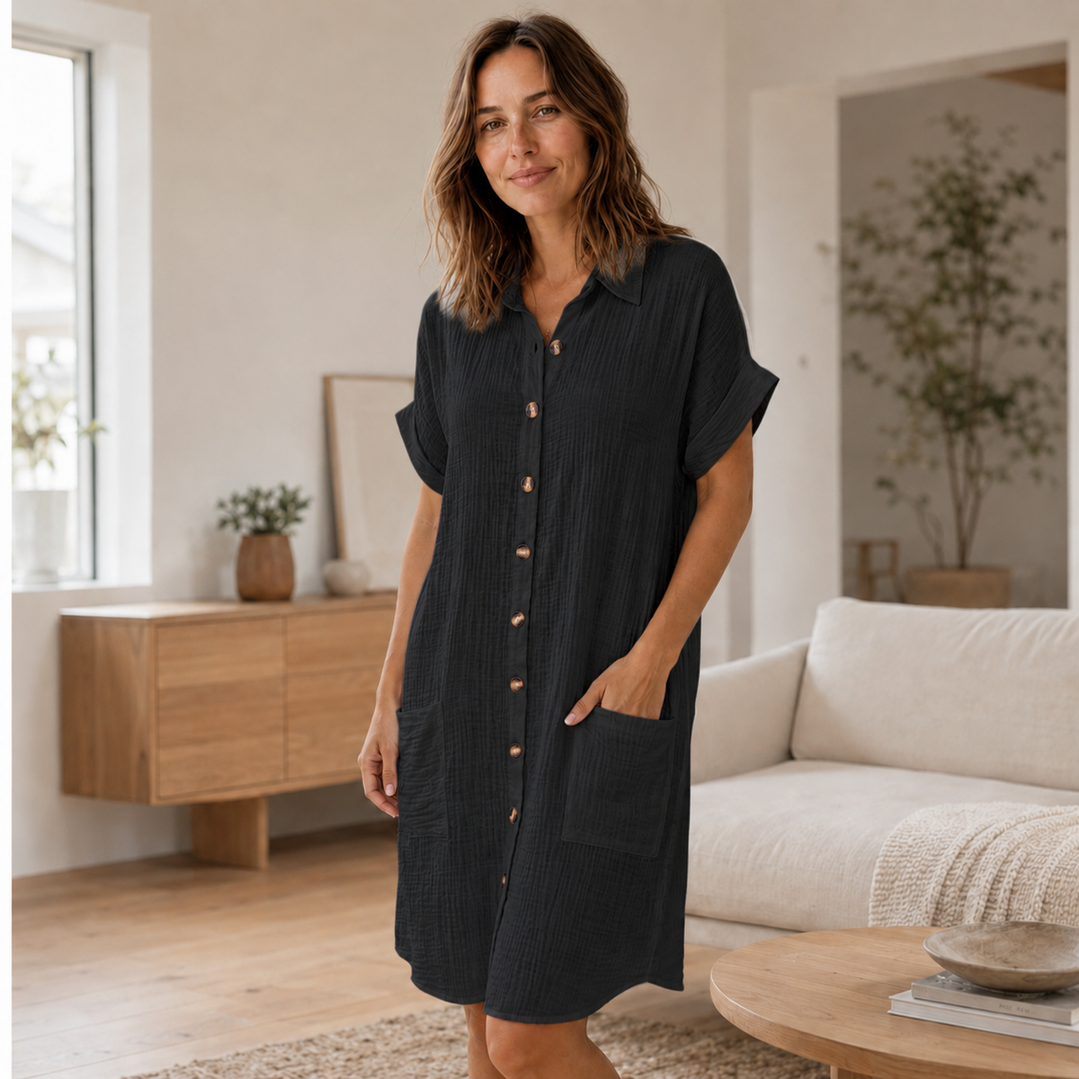 Robe chemise en mousseline Edda – Boutonnée avec poches