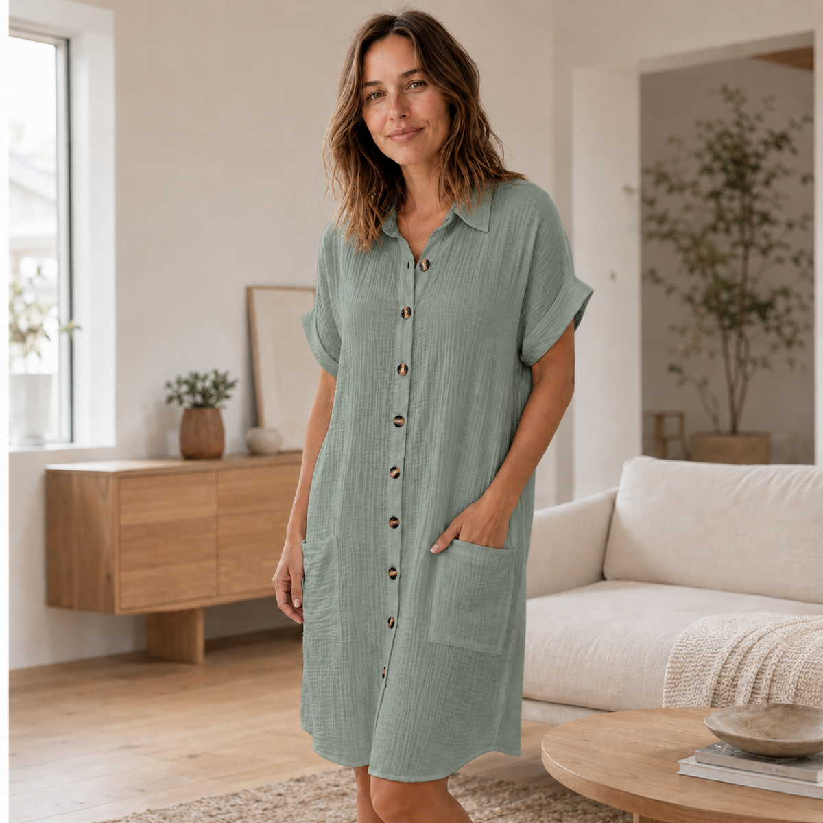 Robe chemise en mousseline Edda – Boutonnée avec poches