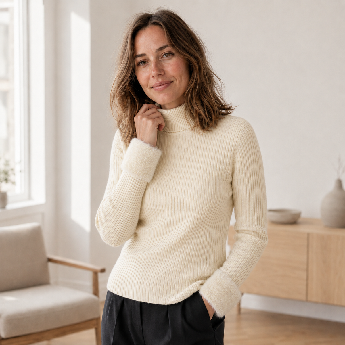 Pull col roulé Ida – Maille fine thermique doublée polaire