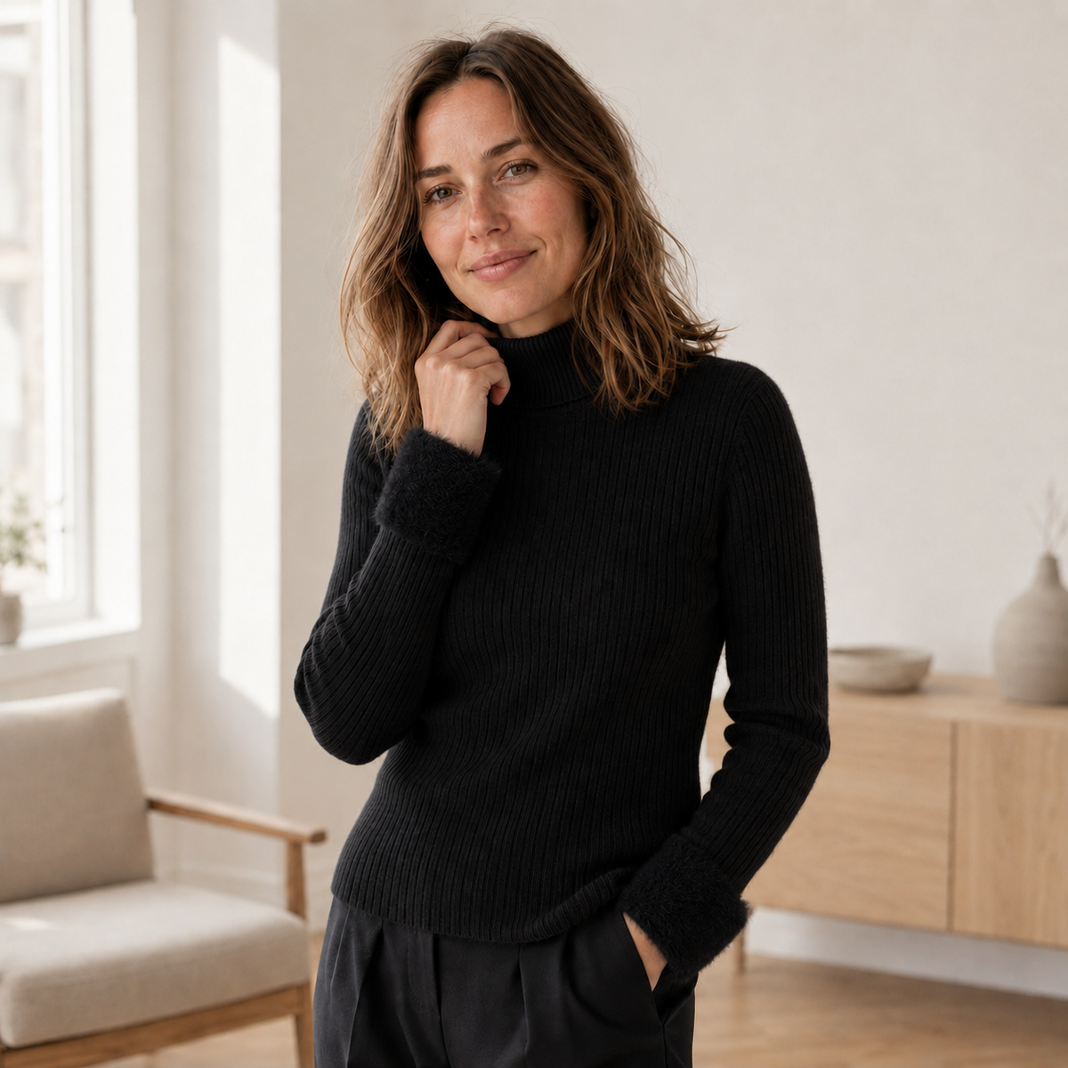 Pull col roulé Ida – Maille fine thermique doublée polaire