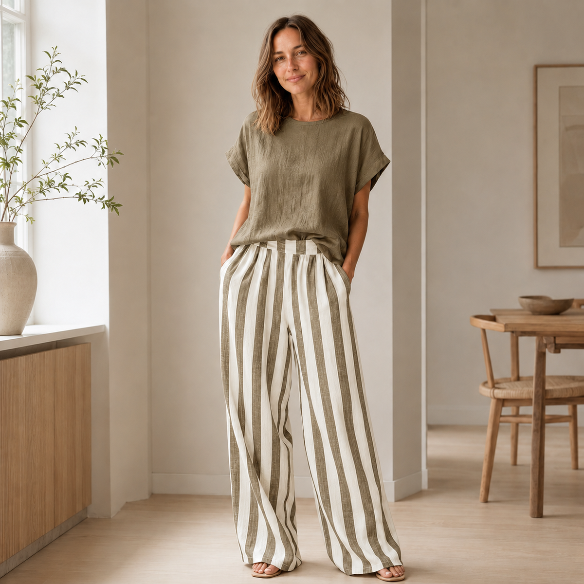 Ensemble Loungewear Runa – Top basique & Pantalon rayé