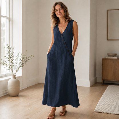Robe longue Ines – Sans manches, décolleté en V profond