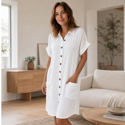 Robe chemise en mousseline Edda – Boutonnée avec poches