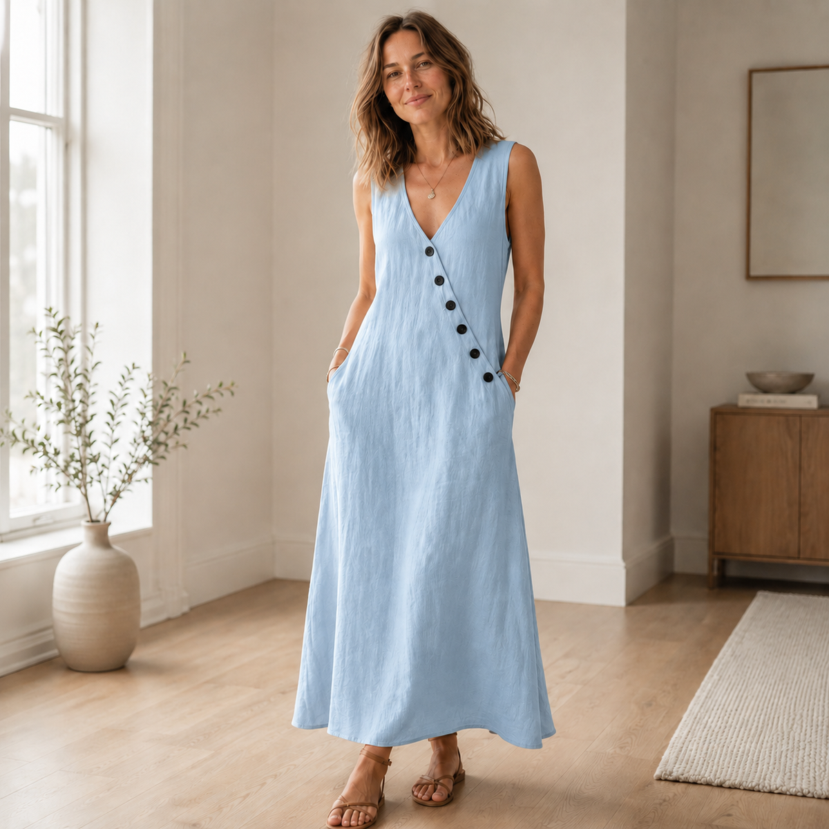 Robe longue Ines – Sans manches, décolleté en V profond